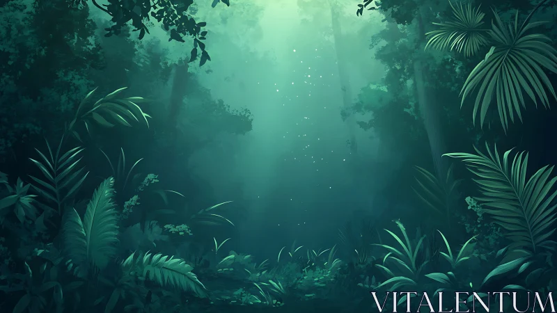 Luminous Jungle Canopy: Misty Forest Rendered in Digital Depth.