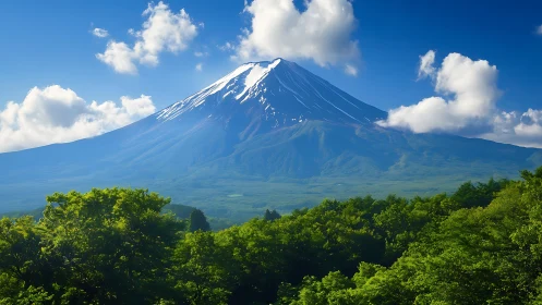 Snowcapped volcanic mountain above dense green forest.