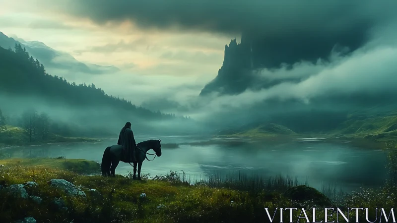 Solitary rider studies mist-laden lake before distant citadel