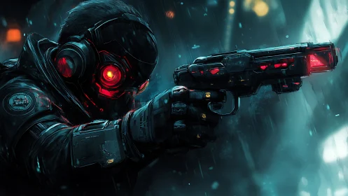 Cybernetic enforcer aims neon pistol through storm.