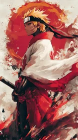 Determined anime warrior stands before a blazing red sun