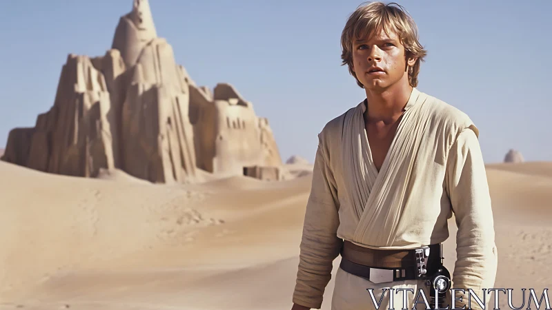 Young desert wanderer stands before monolithic sand fortress