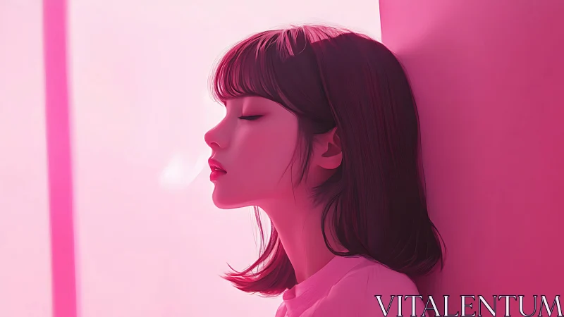 Soft-lit side profile of serene girl in monochrome pink glow.
