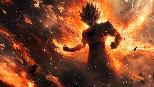 Explosive anime warrior silhouette in blazing inferno field.