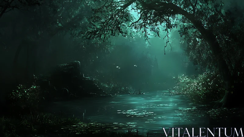 Bioluminescent Forest Cave with Flowing Water.