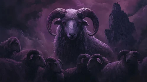 Giant horned ram leads dark flock before ominous tower.