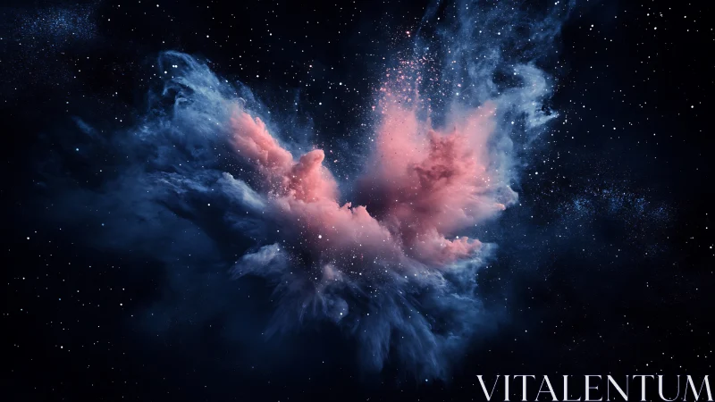 Cosmic nebula explosion with pink and blue dust plumes.