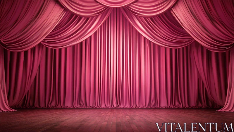 Pink theater stage curtains hang closed over wooden floor