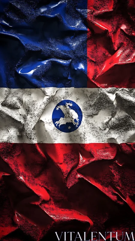 Crumpled tricolor flag lets a leaping horse guard its stars