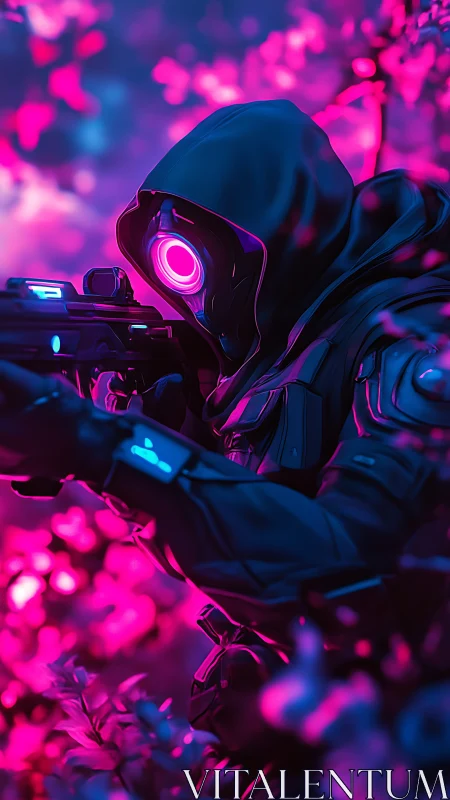 Cyberpunk cloaked sniper in neon flora environment portrait.