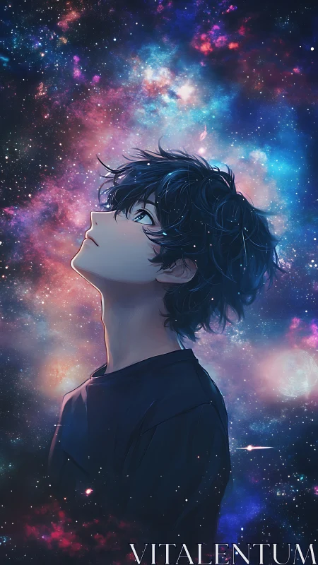 Profile view of youth silhouette against dense galaxy field.