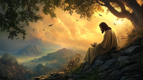 Solitary robed figure praying on sunlit mountain ridge at dawn.