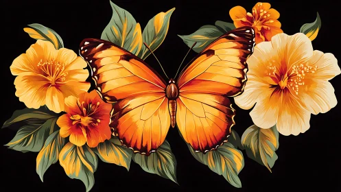 Golden butterfly rests softly among glowing hibiscus blooms