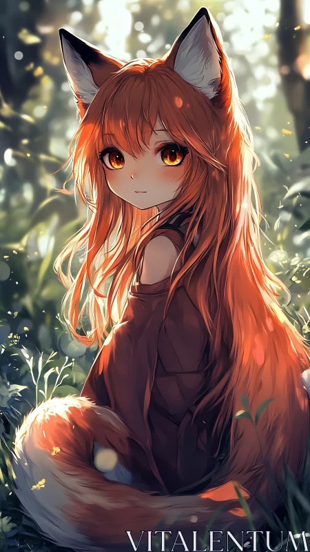 Fox-eared anime girl in sunlit forest bokeh environment