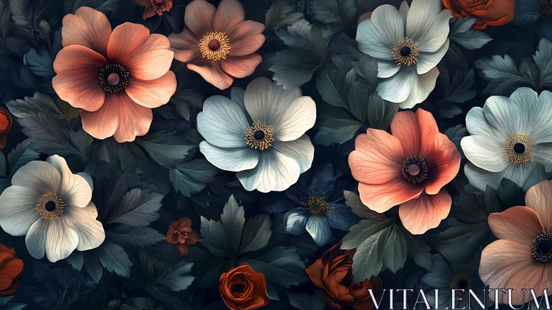 Detailed floral composition with coral anemones and white poppies