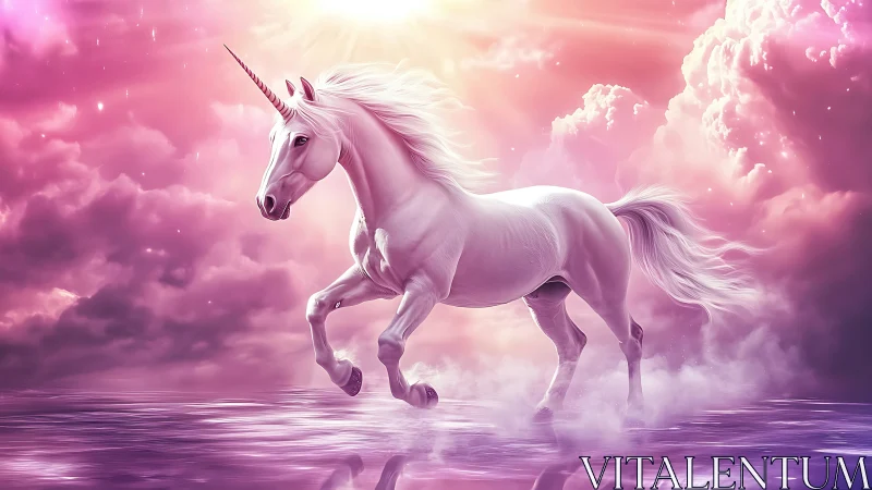 White unicorn runs over reflective water under pink sky.