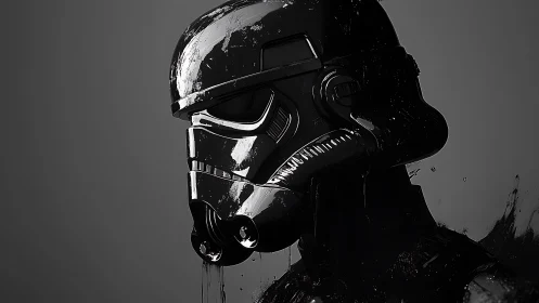 Shadowed sci fi trooper helmet gleams in moody grayscale light