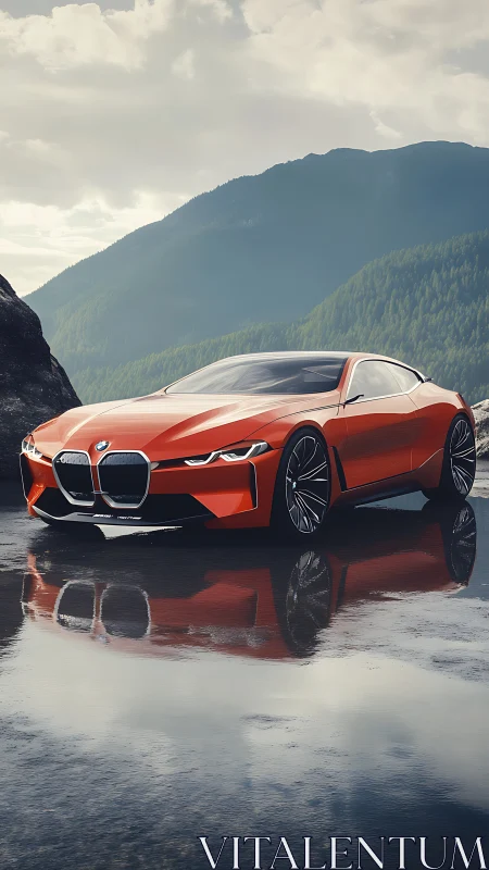 Low-slung orange concept coupe with reflective wet-surface render.