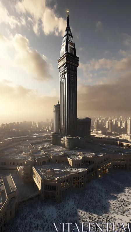 Sunlit monumental tower above dense urban pilgrimage square.