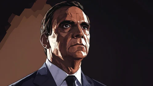 Stoic suited man in dramatic low-key digital portrait.