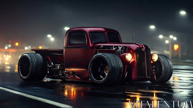 Midnight muscle truck lounges under rain-slick neon haze