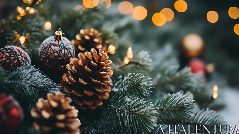 Shallow depth of field reveals frosted pinecone and ornaments