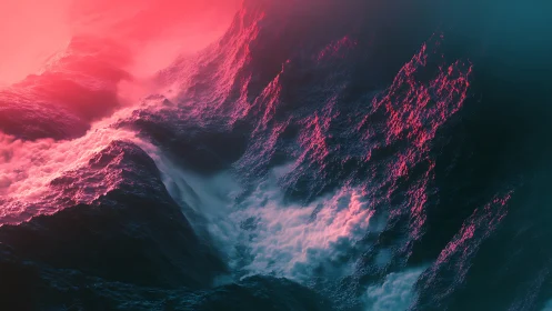 Neon pink light over dark ocean waves in heavy motion.