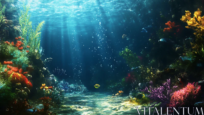 Colorful coral reef scene under clear sunlit ocean water.