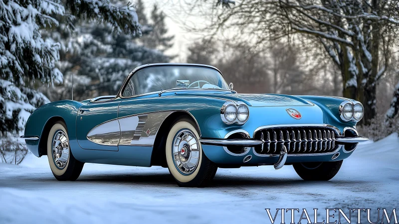 Vintage blue convertible stands on snow-covered forest road