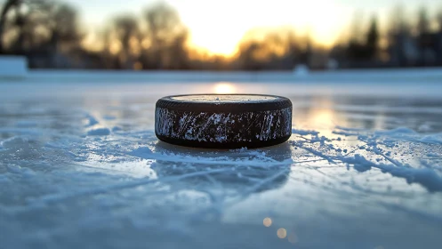 Weathered hockey puck on frozen outdoor rink at sunset.