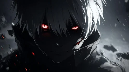 White haired anime figure stares forward with glowing red eyes
