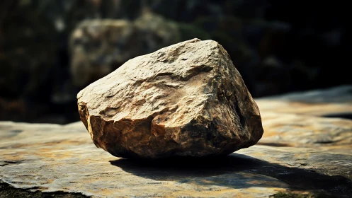 Isolated rough stone resting on flat rock surface outdoors.