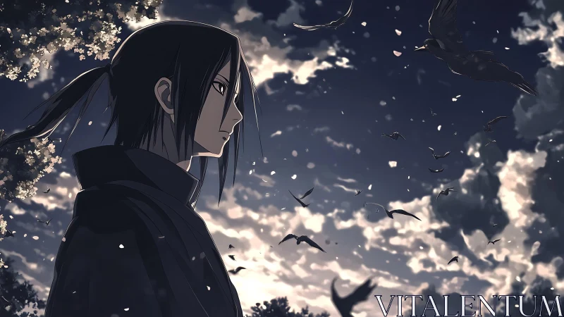 Side profile of anime figure under clouded evening sky.