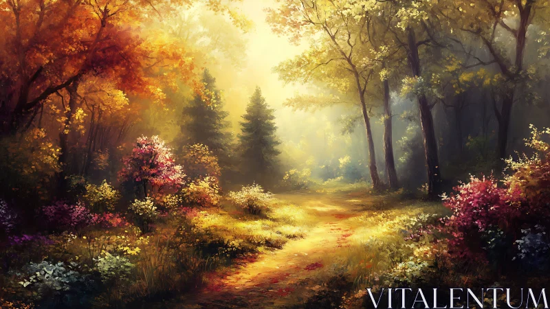 Enchanted Forest Pathway Awash in Golden Autumn Splendor.