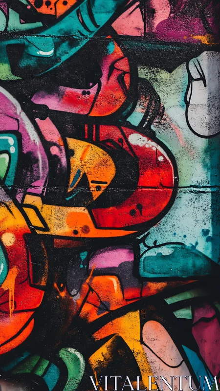 Chromatic urban graffiti abstraction on textured brick wall.