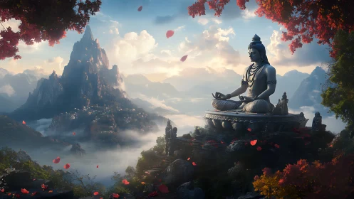 Mountain sanctum with serene deity amid drifting blossoms.