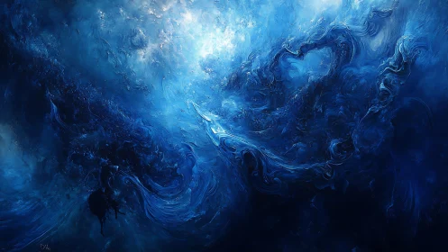 Abstract Deep Blue Ocean Swirl Digital Painting with Light Effects.
