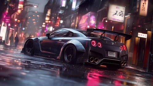 Neon city streets welcome a sleek tuned sports car at night