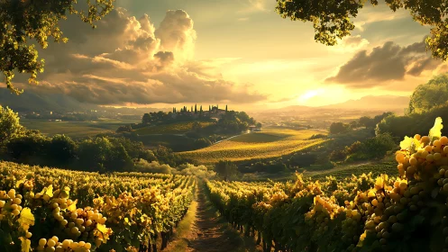 Golden vineyard sunset embracing a peaceful hilltop village.