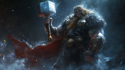 Digital painting of storm-forged Norse warrior with hammer poised.