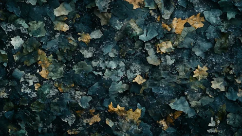 Forest floor tapestry of teal shadows and faded gold leaves.