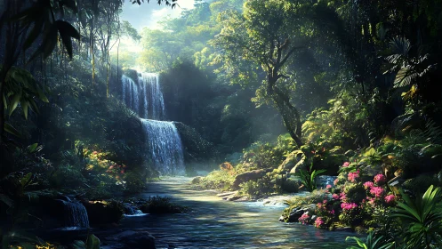 Tropical Waterfall Landscape with Dense Vegetation