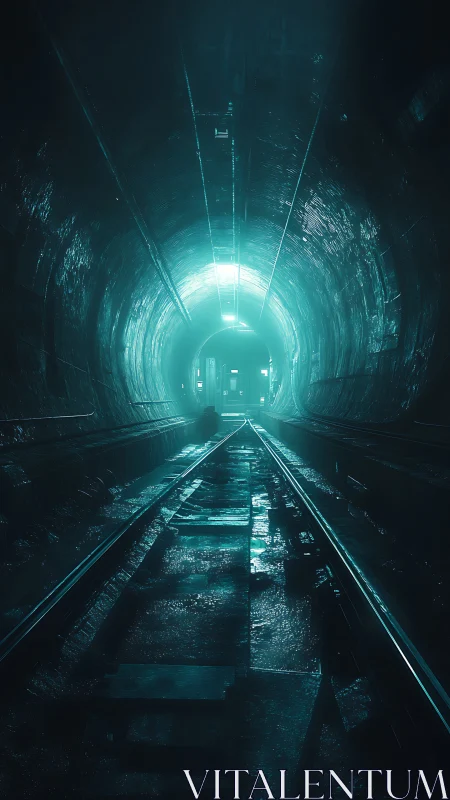 Moody underground rail tunnel with blue backlit exit.