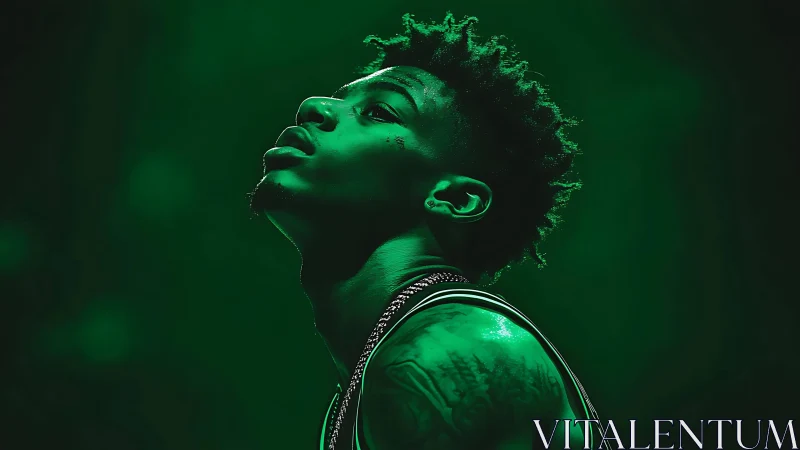 Moody green portrait of tattooed young man in profile.