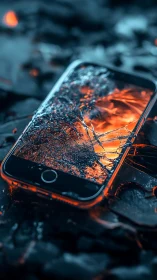 Shattered smartphone cradles molten fire in icy shadows.