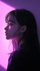 Soft neon side profile bathed in dreamy magenta light.