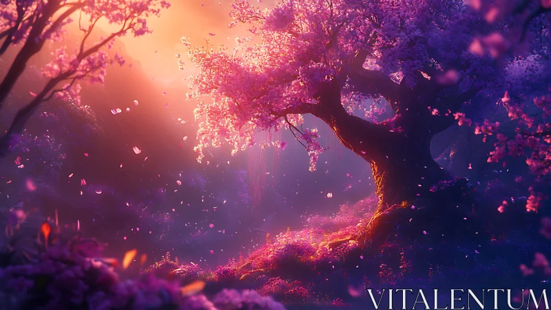 Enchanted cherry blossom tree glows in a dreamy twilight forest
