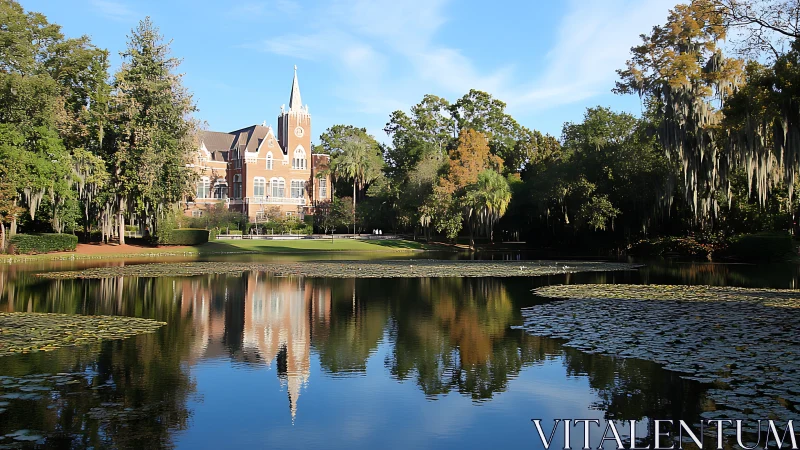 Brick academic building and trees reflected in campus lake.