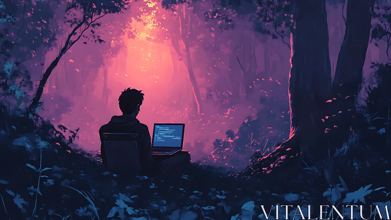 Solitary Developer: Neon Forest Hacking Environment with Magenta Sky