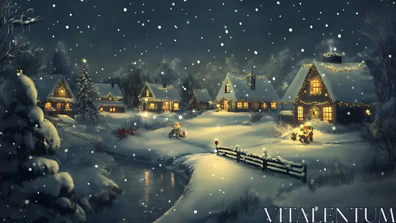 Snowy village glows under warm Christmas cottage lights.